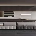 Modern Living Room Interior With Grey Sofa Striped Accent Wall White Cabinetry And Lighting