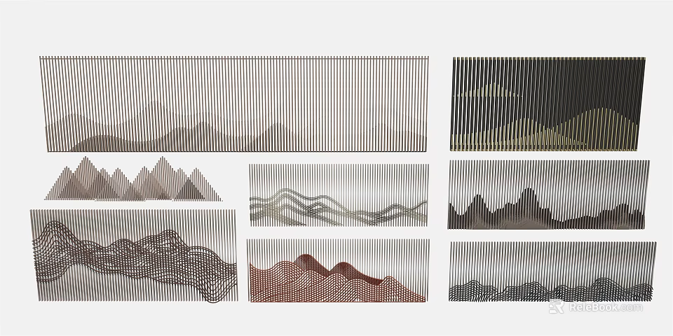 Modern Feature Wall With Geometric Lines Wave Patterns And Mountain Silhouettes 3d model