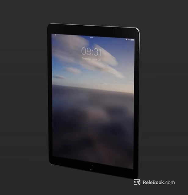 Tablet With Clear Screen Showing Time 0931 Date Monday 14th And Scenic Sky Clouds Background 3d model 