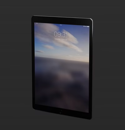 Tablet With Clear Screen Showing Time 0931 Date Monday 14th And Scenic Sky Clouds Background 3d model
