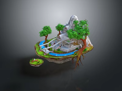 Enchanting Floating Island Landscape with Mountain Lush Trees Traditional Building Flowing Stream and Small Island 3d model