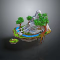 Enchanting Floating Island Landscape with Mountain Lush Trees Traditional Building Flowing Stream and Small Island