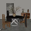 Minimalist Round Dining Table Set with Unique Designed Wooden Chairs Decorative Cabinet and Wall Art