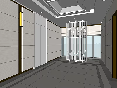 Modern Elevator Hallway With Light Colored Walls Gray Tiled Floor And Decorative Grille 3d model
