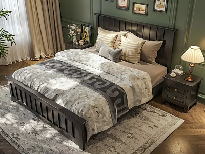 Double Bed with Dark Wooden Headboard Striped Pillows Gray Cushion Nightstand Lamp and Green Walls 3d model