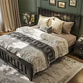 Double Bed with Dark Wooden Headboard Striped Pillows Gray Cushion Nightstand Lamp and Green Walls