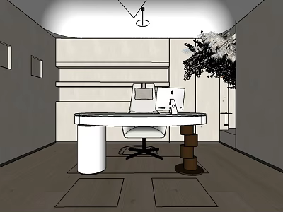 Modern Office Interior With Round Desk Computer Office Chair Shelves And Potted Plant 3d model