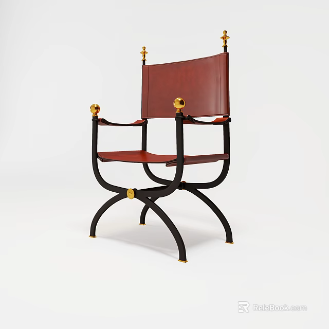 Stylish Single Chair With Brown Leather Backrest Black Metal Frame And Gold Accents 3d model 
