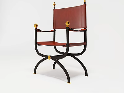 Stylish Single Chair With Brown Leather Backrest Black Metal Frame And Gold Accents 3d model