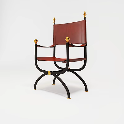 Stylish Single Chair With Brown Leather Backrest Black Metal Frame And Gold Accents 3d model