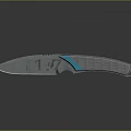 Modern Folding Knife With Engraved Blade Gray Textured Handle Blue Accent And Reflective Finish