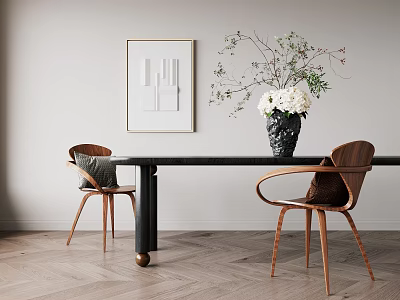 Elegant Black Dining Table Set with Wooden Armchairs Gray Cushions and Flower Vase 3d model