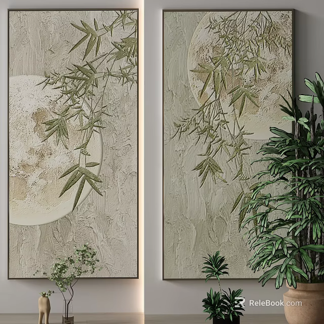 Interior Decor With Bamboo Leaf Moon Paintings And Green Plants 3d model 