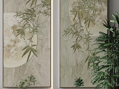 Interior Decor With Bamboo Leaf Moon Paintings And Green Plants 3d model
