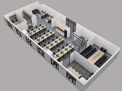 Aerial View Of Modern Office Workspace Layout With Desks Chairs And Functional Zones 3d model