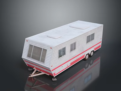 White Travel Trailer With Red Stripes Side Windows Roof Design And Wheels 3d model