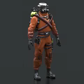 Man Standing In Orange Protective Suit With Helmet And Breathing Apparatus