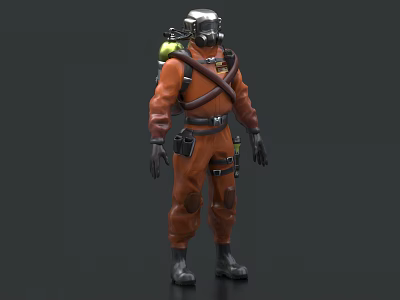 Man Standing In Orange Protective Suit With Helmet And Breathing Apparatus 3d model