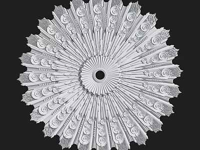 White Ornamental Ceiling Medallion With Intricate Scroll Patterns Radial Design And Central Hole 3d model