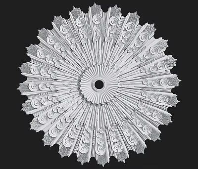 White Ornamental Ceiling Medallion With Intricate Scroll Patterns Radial Design And Central Hole 3d model