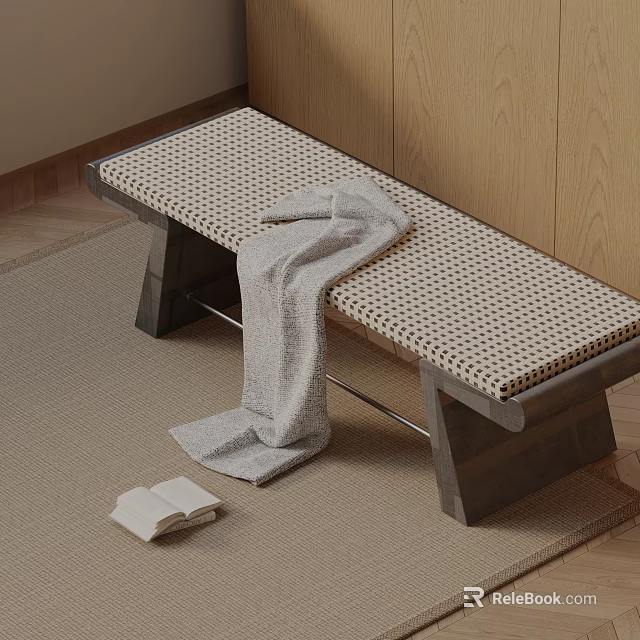 Minimalist Woven Seat Bench With Gray Blanket On Wooden Floor Interior 3d model 