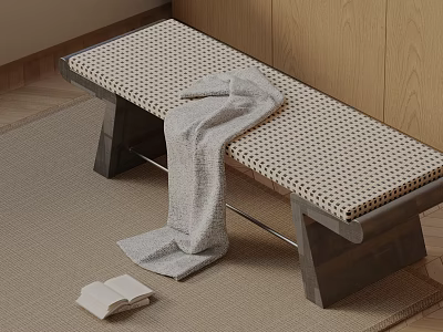 Minimalist Woven Seat Bench With Gray Blanket On Wooden Floor Interior 3d model