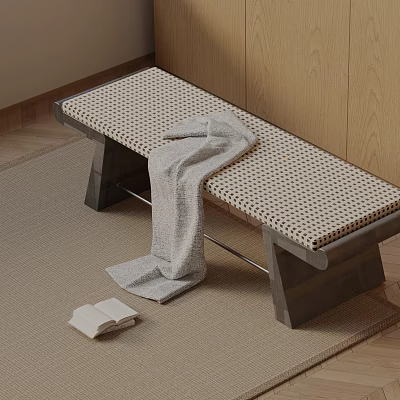 Minimalist Woven Seat Bench With Gray Blanket On Wooden Floor Interior 3d model