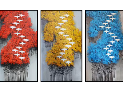 Modern Abstract Triptych Wall Art With Red Yellow Blue Tree Elements And White Birds 3d model