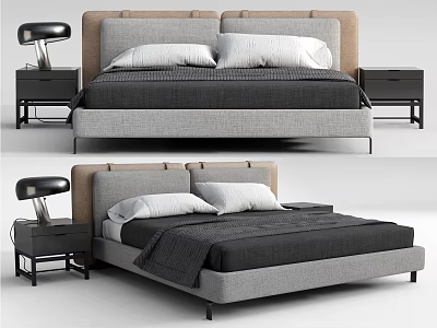 Modern Double Bed With Gray Beige Headboard White Pillows Dark Blanket Black Nightstands Table Lamps 3d model