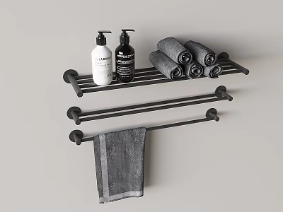 Black Bathroom Rack with Rolled Towels Liquid Soap Bottles and Hanging Towel Bar 3d model