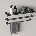 Black Bathroom Rack with Rolled Towels Liquid Soap Bottles and Hanging Towel Bar
