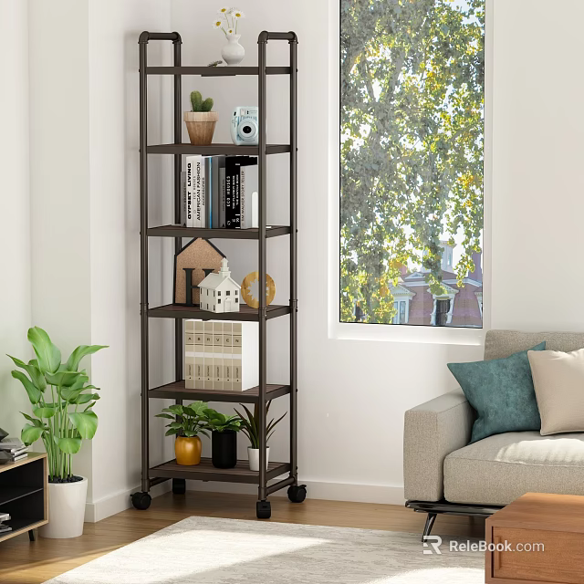 Modern Living Room Black Metal Shelving Unit with Wheels Multiple Layers Plants Books Storage Boxes 3d model 