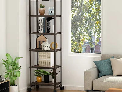 Modern Living Room Black Metal Shelving Unit with Wheels Multiple Layers Plants Books Storage Boxes 3d model