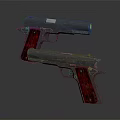 Two Tactical Handguns With Metal Body And Red Grips Displayed On Dark Surface