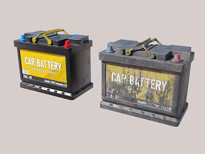 New and Old Car Battery Units With Black Casing Yellow Labels Red And Blue Terminals 3d model