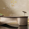 Curved Oriental Reception Desk Design Featuring Metallic Structure And Floral Bird Moon Wall Art