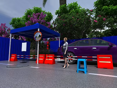 Blue Sunshade Canopy in Parking Area with Purple Car and Green Trees 3d model