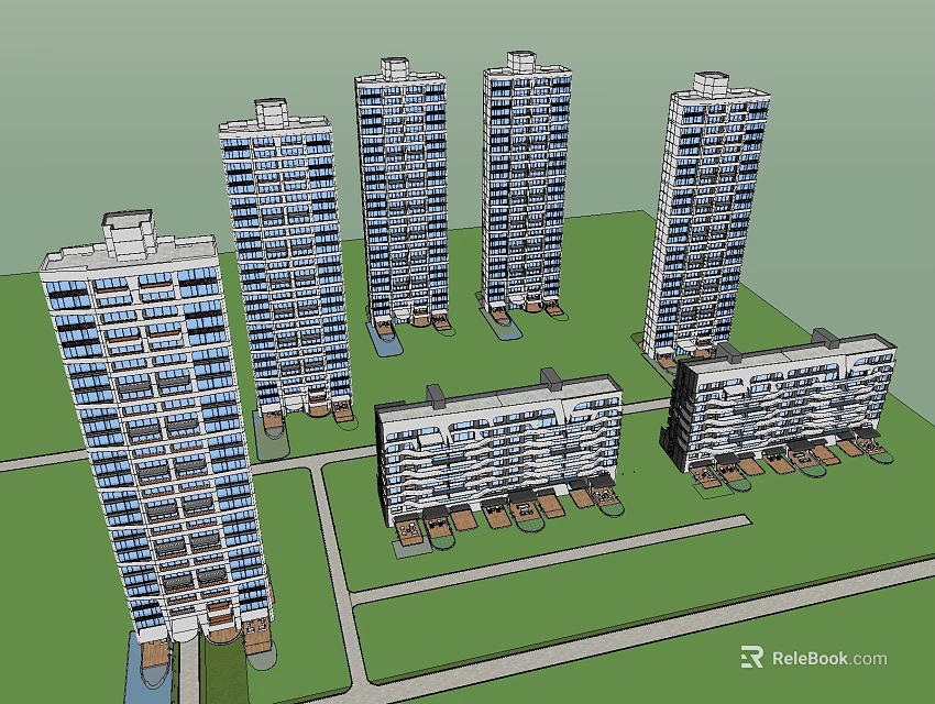 Modern Residential Complex With Tall And Low Rise Buildings And Green Areas 3d model 