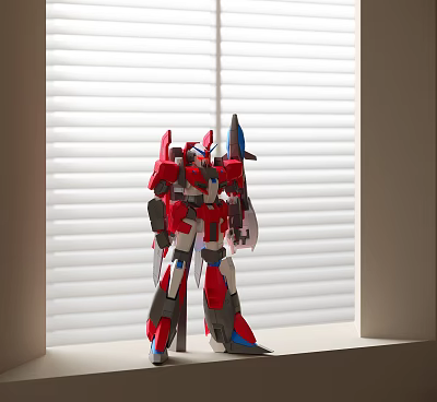 Modern Robot Sculpture with Red White Gray and Blue Details Near Window Blinds 3d model