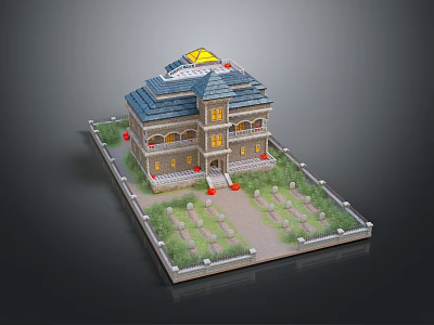 Cartoon House Model Scene With Blue Roof Yellow Windows Green Lawn And Red Flowers 3d model