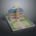 Cartoon House Model Scene With Blue Roof Yellow Windows Green Lawn And Red Flowers