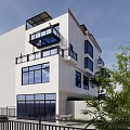 Modern Design Detached Villa with Large Glass Windows Black Railing Balconies and White Exterior