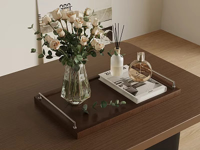 Elegant Decorative Ornament Set with Glass Vase Roses Fragrance Bottles and Book on Wooden Tray 3d model
