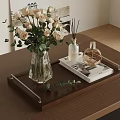 Elegant Decorative Ornament Set with Glass Vase Roses Fragrance Bottles and Book on Wooden Tray