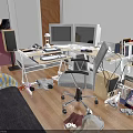 Office Desk With Two Monitors Keyboard Desk Lamp Office Chair And Sunlight On Wooden Floor