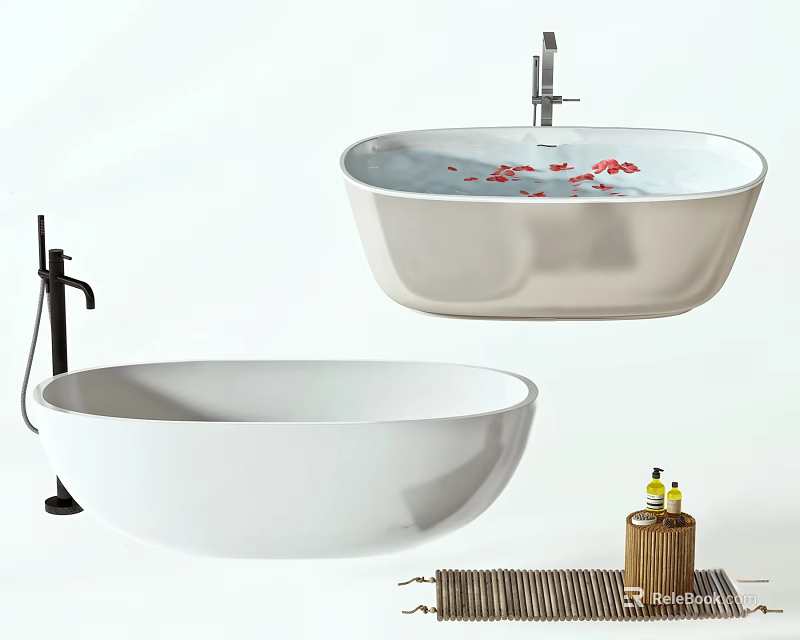 Elegant Freestanding White Bathtub With Black Faucet Rose Petals Bath Products And Bamboo Mat 3d model 