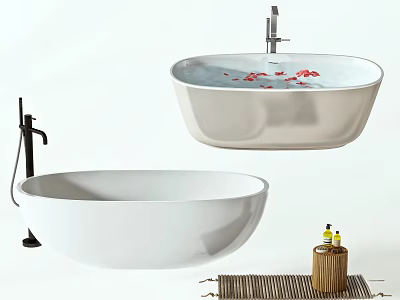 Elegant Freestanding White Bathtub With Black Faucet Rose Petals Bath Products And Bamboo Mat 3d model