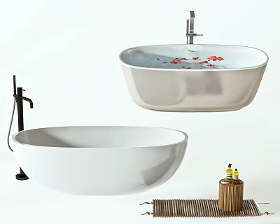 Elegant Freestanding White Bathtub With Black Faucet Rose Petals Bath Products And Bamboo Mat 3d model