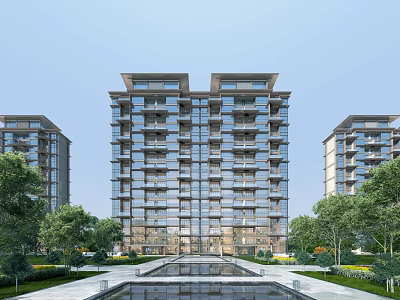Modern High Rise Residential Building With Glass Curtain Walls Greenery And Water Feature 3d model