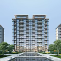 Modern High Rise Residential Building With Glass Curtain Walls Greenery And Water Feature